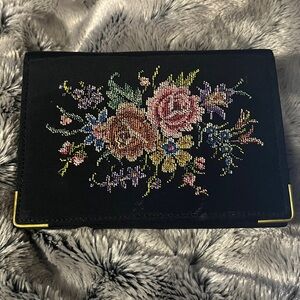 Vintage Floral Embroidered Black Clutch made in Germany, comb and mirror